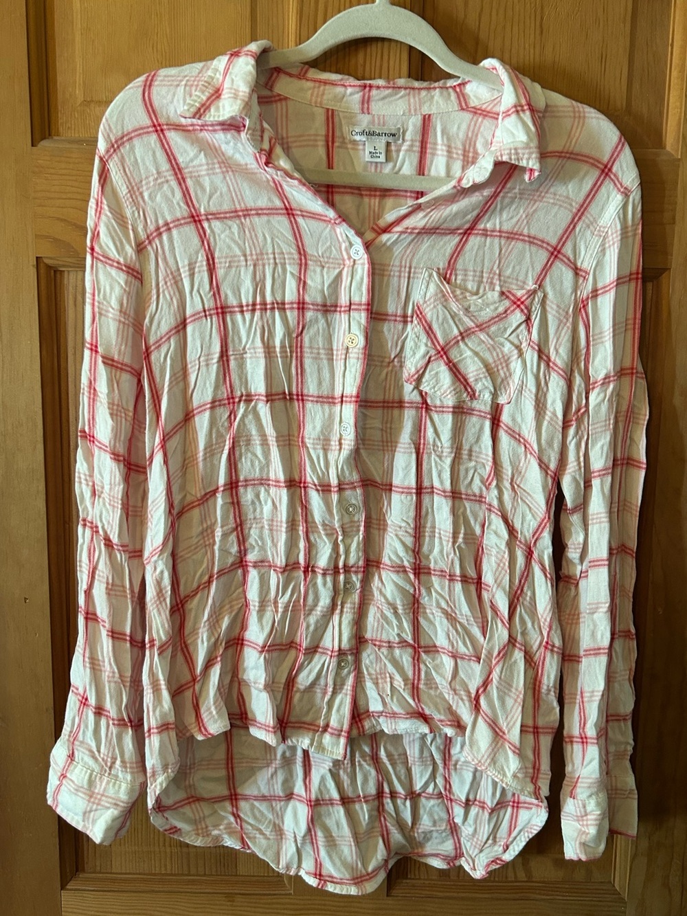 croft & barrow White and Pink Plaid Long-Sleeve Button Shirt
